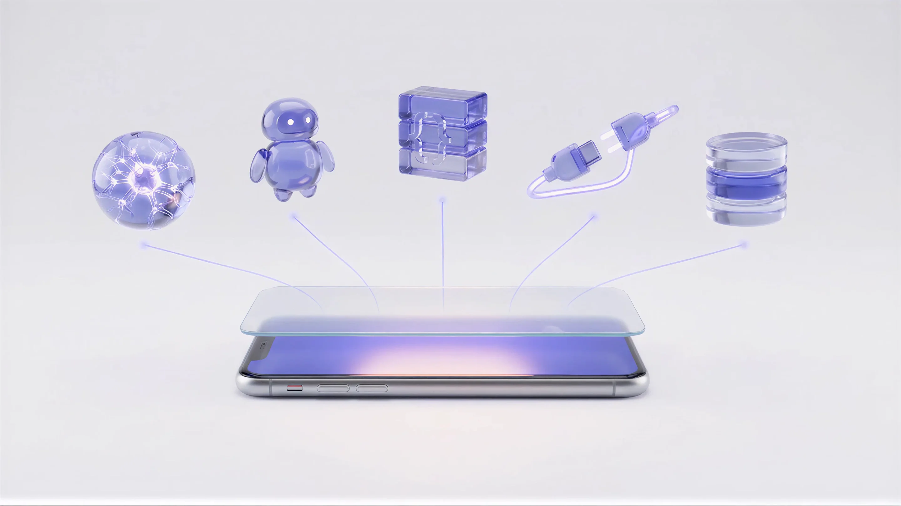 A phone lying open with its glass lifted. Five glass objects float above it: a glowing neural sphere, a small robot, a stack of blocks with a brace symbol, two plug connectors and a database cylinder.