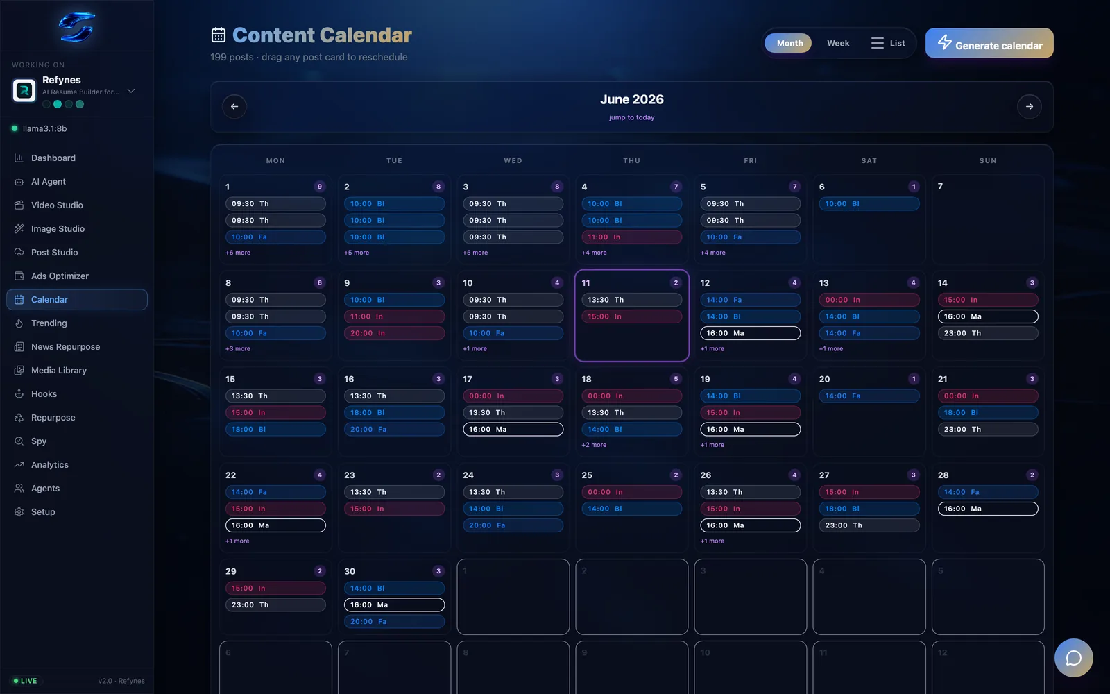 The Marqenly content calendar with scheduled posts across platforms